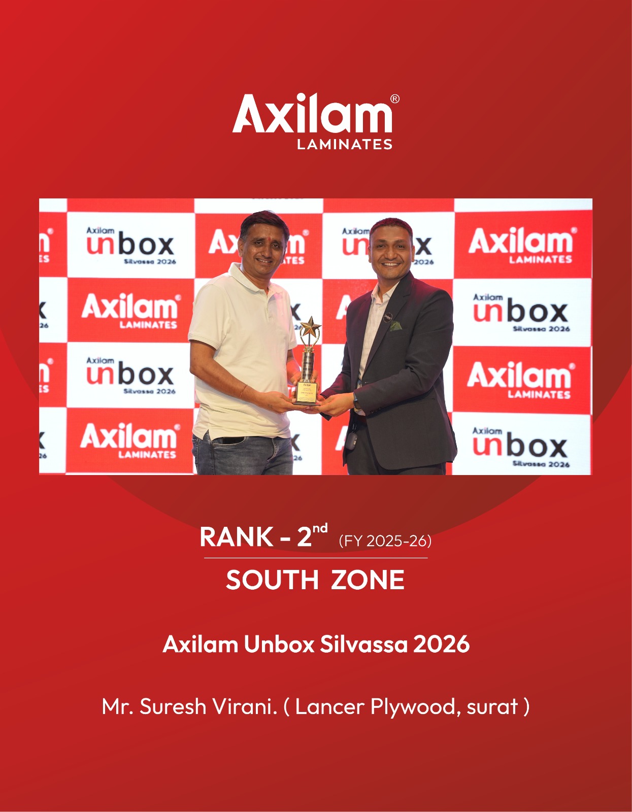 Lancer Plywood receiving the Axilam Unbox Rank 2 South Zone award, FY 2025-26